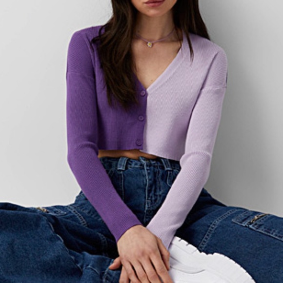 Purple and lilac two-tone ribbed cropped V-neck soft cardigan NWT - Picture 1 of 7